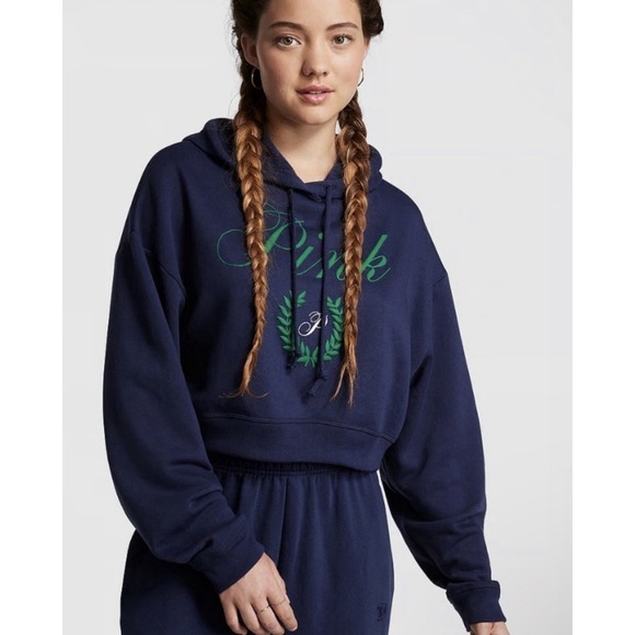 Victoria's Secret Tops - Victoria's Secret Pink Everyday Fleece Cropped Hoodie Color Navy Blue K
